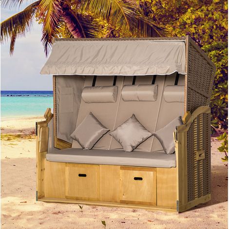 Gartenstuhl Strandkorb aus Stahl in Naturholz-Optik, verstellbar mit Fußstützen, Klapptischen und Polstern (1/5)