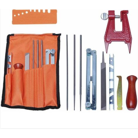 Kit d'affûtage universel pour tronçonneuse, comprenant limes, manches en bois et guide de polissage. (1/5)