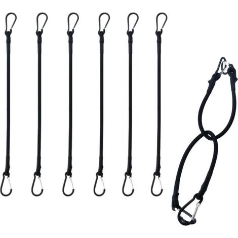 Set of 6 flexible rubber hooks with black carabiners, suitable for luggage, camping, awnings and tarpaulins (30 cm). (1/5)