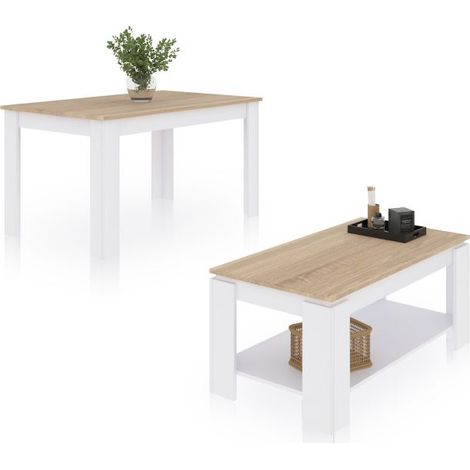 Pack mesa de comedor 140 y mesa de centro Lya Blanco Artik (Blanco Mate) - Roble Canadian 90cm (ancho) x 78cm (alto) (1/5)