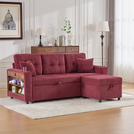 Canapé convertible - Canapé 3 places - 196x82x85cm - avec rangement et lit gigogne, port USB-C - velours côtelé vin rouge (1/5)