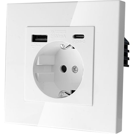 Prise encastrée de 8,5 x 8,5 cm avec port USB, prise simple blanche avec USB, prise en verre avec ports USB Type-A et Type-C, prise murale avec port USB