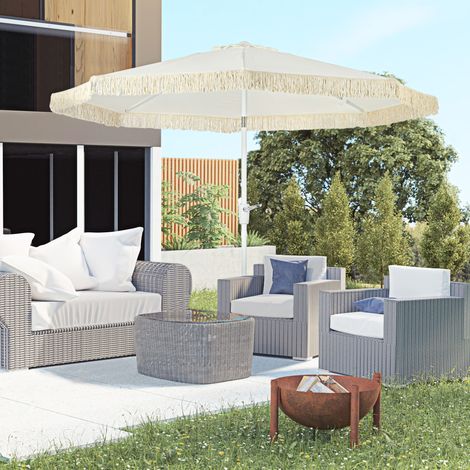 Sombrilla de jardín, sombrilla basculante de exterior con flecos y manivela, 8 varillas, dimensiones: Ø 2,65 x 2,45 m (alto), color blanco.