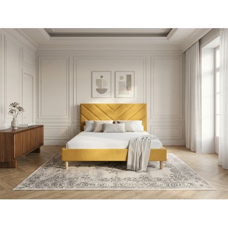 BOBOCHIC - Lit ROMANE avec lattes massives tissu velours 140x190 Jaune (1/5)