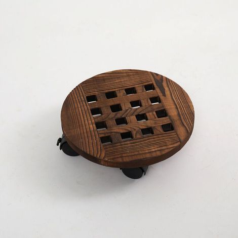 Round flower pot tray in charred wood, 35 cm diameter, mobile flower stand with wheeled flower pot base, 2 pieces (1/5)