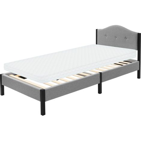ML-Design Letto Singolo 90x200 cm, con Materasso alto 10 cm, Giroletto, Struttura Robusta, Testiera Imbottita e Rete a Doghe, Telaio in Acciaio e Tessuto di Lino, Grigio, per Cameretta (1/5)