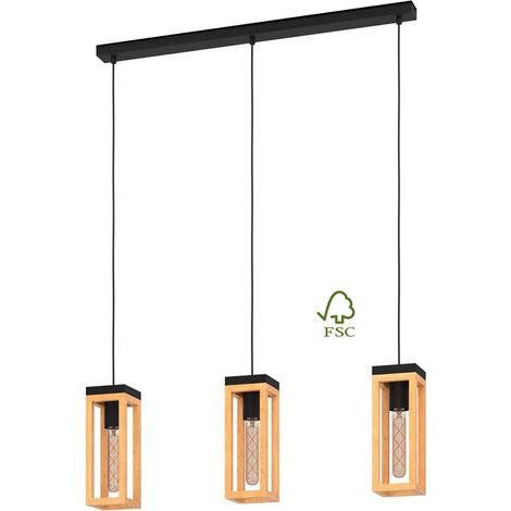 NAFFERTON SOSPENSIONE 3 LUCI 3X40W E27 L.80x10xH.110 CM STRUTTURA METALLO NERO E LEGNO MARRONE (1/5)