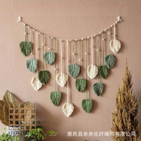 1 Tenture murale Feuilles tissées, Perles en bois, Pompons, Coton, Style nordique, Salon, Chambre enfant (1/2)