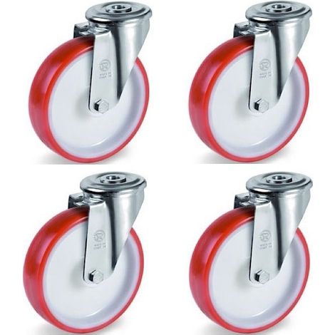 Lot de 4 roulettes à oeil pivotantes polyuréthane rouge 125 mm - 660Kg
