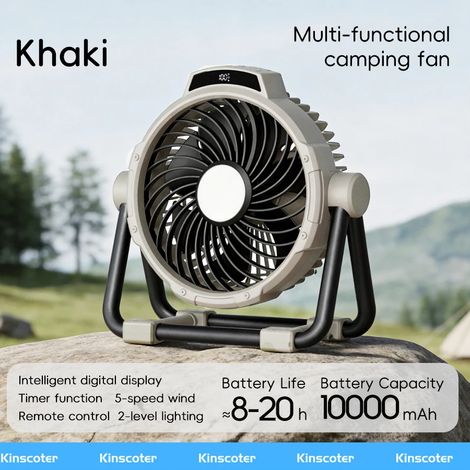Ventilateur de camping portable 6 en 1 (kaki), quatre vitesses de ventilation, avec lampe LED et batterie externe. (1/5)