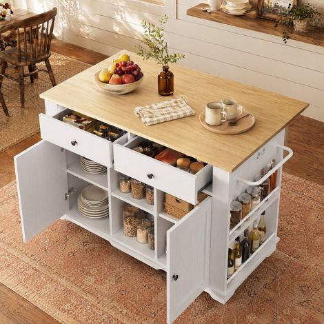 Isla de cocina 151,5x59,7x91,7 cm MDF y metal blanco y natural con enchufes – MEUBLIV (1/5)