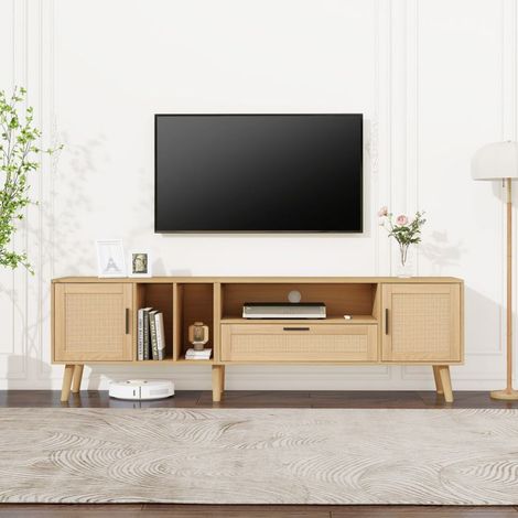Meuble TV - KOMHTOM - 180 cm - 2 portes 1 tiroir - Câbles intégrés - Pieds bois massif (1/5)