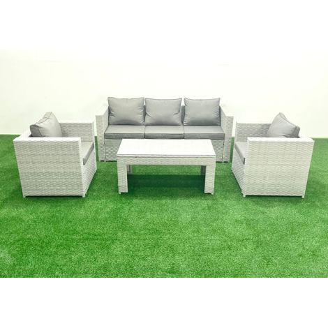 Fimous Polyrattan Gartenmöbel Set 4 Stücke Outdoor Garten Sofa Rechteckiger Couchtisch Set mit 2 Sesseln Hellgrau gemischt