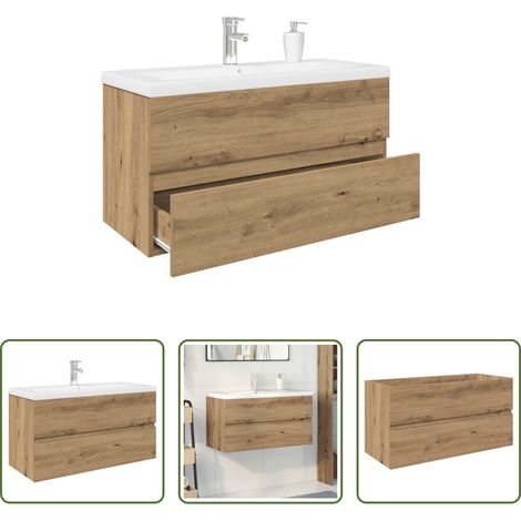 vidaXL Vasque intégrée - Meuble lavabo avec bassin et robinet intégrés chêne artisanal (1/5)