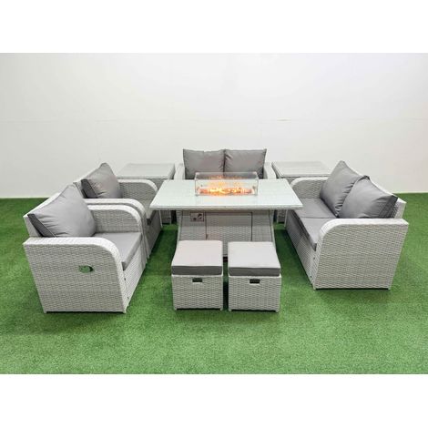 Fimous 8 Seater Outdoor Reclining Chair Love Sofa Set Rattan Garden Furniture Set with Firepit Dining Table 2 Stools 2 Side Table Light Grey (1/4)