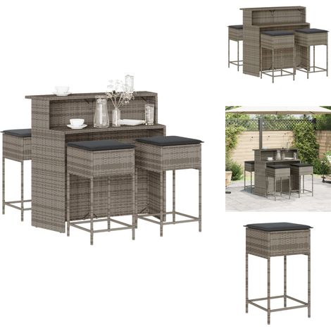 5-tlg. Gartenbar-Set mit Kissen Grau Poly Rattan - Gartensets - Gartenmöbel - Esstisch - Barhocker - Outdoor Furniture (1/5)