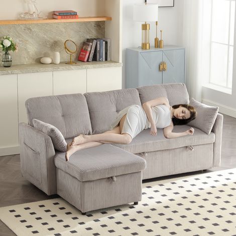 Sofá de 3 plazas convertible multifunción con almacenamiento y chaiselongue intercambiable pana gris claro(Sin colchón) (1/5)