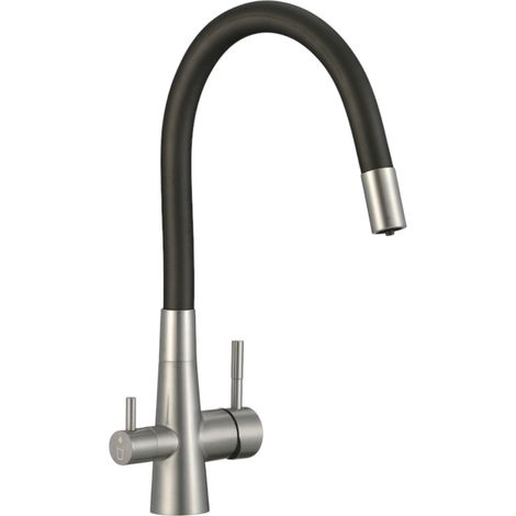 Rubinetto cucina con attacco filtro acqua, bocca flessibile a U e doppia leva – acciaio e nero (1/3)