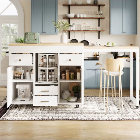 Mesa bar extensible 110-180/40/91 cm blanca con ruedas, estantes ajustables y 4 cajones (1/5)