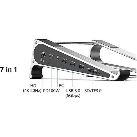 7-in-1 Laptopständer aus Aluminium mit SD/TF-Kartenleser, HD 4K 60Hz, USB 3.0-Anschluss, 5Gbit/s 100W PD-Ladegerät und Dockingstation mit USB-C-Hub. (1/5)