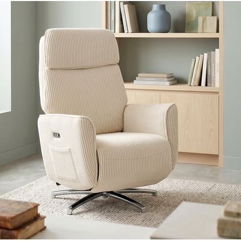 Sillón relax eléctrico giratorio 360° de 2 motores, respaldo reclinable y puertos USB-A/USB-C, tapizado blanco crema (1/5)