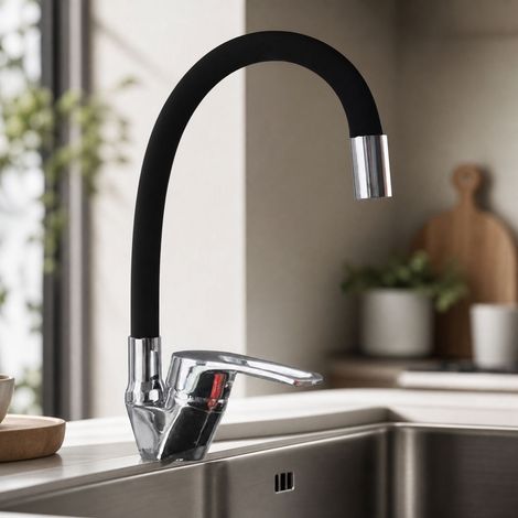 Robinet de cuisine mitigeur flexible 360° bec buse double flux corps chromé tuyau noir hauteur 530mm (1/5)