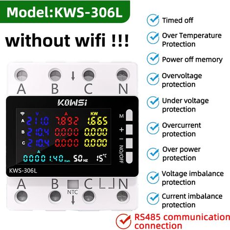 Compteur d'électricité Wi-Fi, moniteur de puissance AC 85-290V 80A, triphasé, quatre fils, rail DIN, avec protection contre les surtensions, compteur KWS-306L avec interface RS485. (1/5)