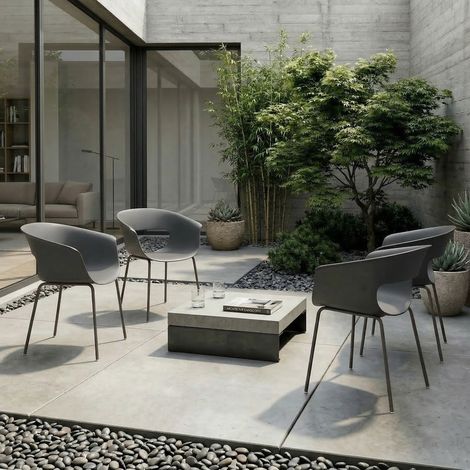 Set di 4 sedie ergonomiche da giardino, sedie da balcone con design traforato, braccioli, resistenti alle intemperie e alla ruggine, grigio scuro.