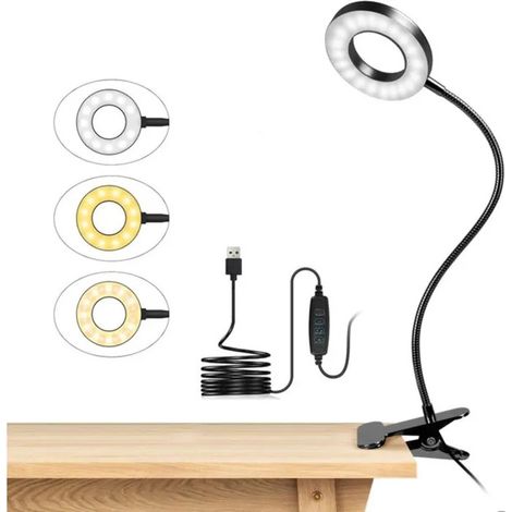 Lampe de Bureau à Pince 48 LED Flexible USB Lampe Lecture Clipsable 3 Modes d’Éclairage 10 Niveaux de LuminositéNoir (1/5)