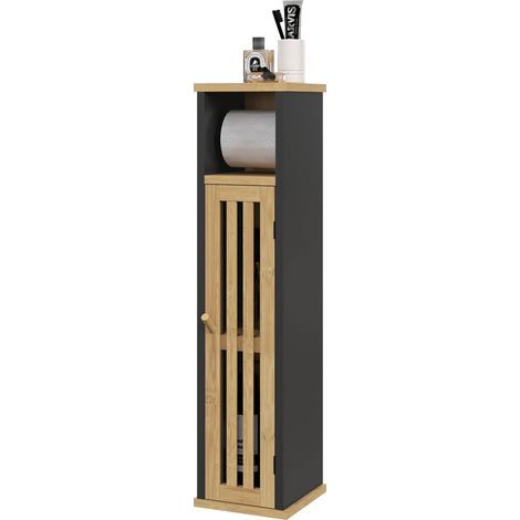 Meuble de salle de bain avec support papier toilette rangement avec barre amovible 2 Niveaux + Sortie Papier MDF Bambou (1/5)