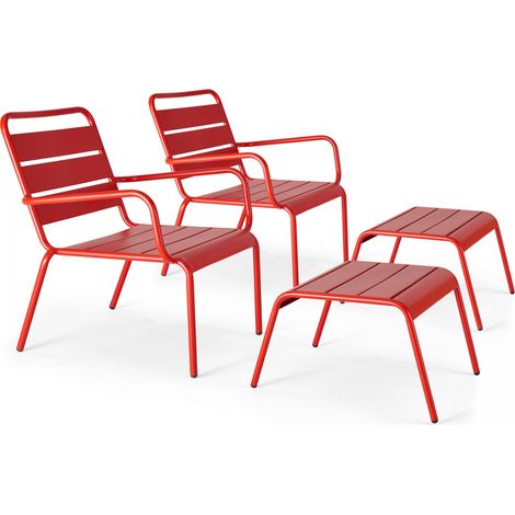 Lot de 2 fauteuils relax avec repose-pieds en métal rouge - Palavas