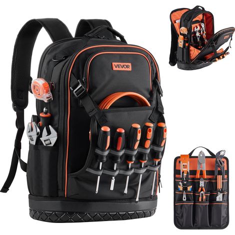 Sac à Dos à Outils, Charge 31,75 kg, Sac à Outils 37x19,5x52 cm avec 65 Poches, Compartiment Ordinateur Portable, Base, Organisateur à Outil Robuste pour Chantier, Électricien, Réparateur CVC (1/5)