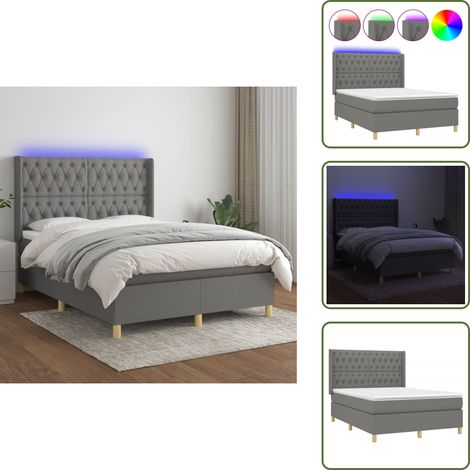 Sommier à lattes de lit matelas LED Gris foncé 140x200 cm Tissu - Sommier Tapissier - Lit Plateforme - Lit Avec Led - Matelas À Ressorts Ensachés - Têted Lit Ajustable (1/5)