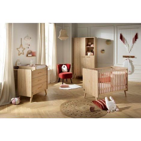 Chambre bébé trio - Lit 120 x 60 cm + Commode 3 tiroir + Armoire Chene suave - Arty - SAUTHON