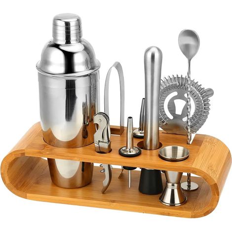 Kit de barman avec shaker à cocktails en acier inoxydable 10 pièces et support (1/5)