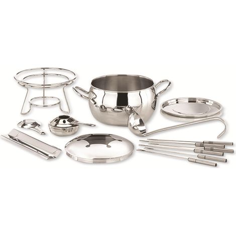 Service à Fondue et à Punch, Pince à Sucre, Pince à feu, caquelon à Fondue, Couvercle en Acier Inoxydable, Poli Miroir, Support, chromé, louche, pour env. 2,2 litres de Liquide (1/5)