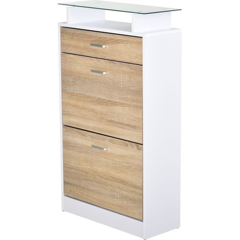 Homcom – Meuble à chaussures 2 portes abattantes – Armoire avec étagère en verre – Panneaux de particules E1 – Chêne clair et blanc – 60L x 24I x 105,5H cm