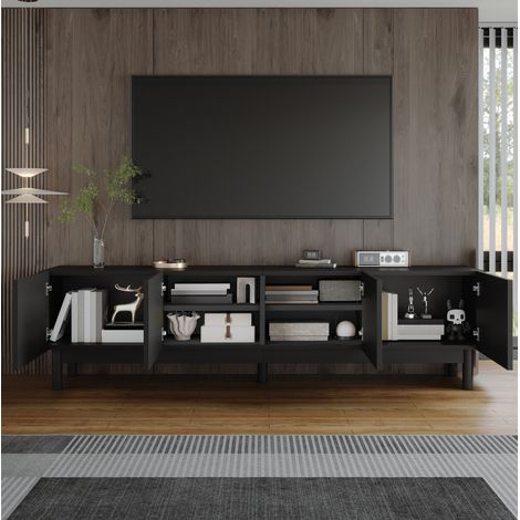 Mobile TV 169x34x45.5 cm nero in MDF e truciolare con 4 ante ondulate e ripiani (1/5)