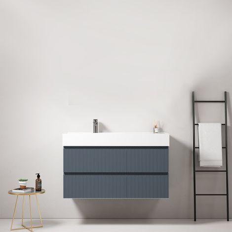 Mobile bagno sospeso cannettato 100 cm Blu Mare Lavabo a Sinistra in Resina Senza Specchio - Fiji Paint (1/4)