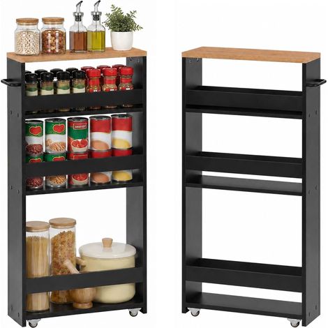 Chariot de Rangement Étroit Noir Chêne 40×14×80cm Lot de 2 Les barrières latérales gardent les objets en place tandis que quatre roulettes facilitent le déplacement et le montage (1/5)