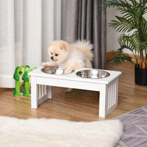 Gamelles chiens surélevées gamelle double chien chat Porte-gamelles surélevé dimensions 44L x 24l x 15H cm 2 gamelles 0,9L acier inox. blanc (1/4)