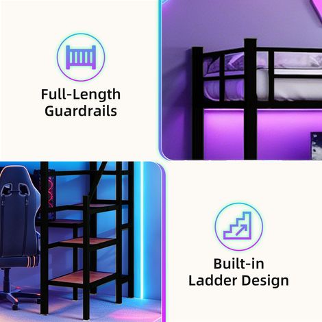 Lit mezzanine avec bureau en L, mesurant 90 x 190 cm, offrant un grand espace de rangement et des étagères. La structure de lit stable est équipée d'un escalier et de barrières de sécurité continues, (1/4)