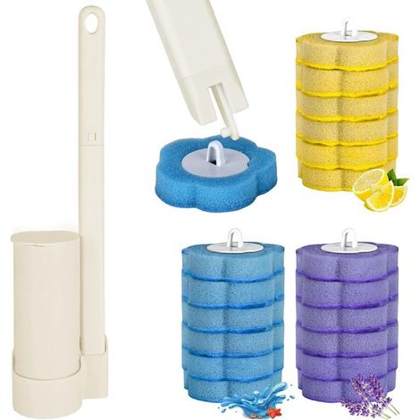 Set de brosse de toilette – Avec 18 recharges – Réutilisable – Poignée beige – Nettoyage hygiénique (1/5)