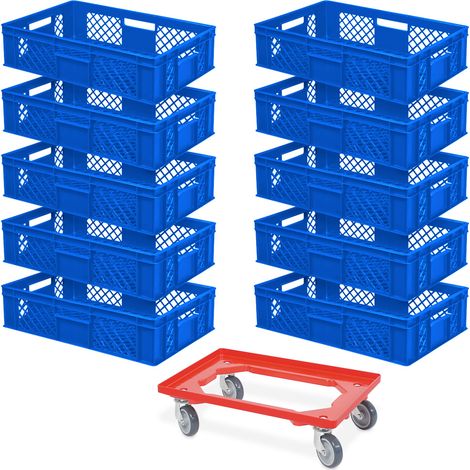 BRB Lot de 10 bacs euro, L x l x H 600 x 400 x 150 mm, qualité industrielle, qualité alimentaire, bleu + 1 chariot de transport, rouge (1/2)