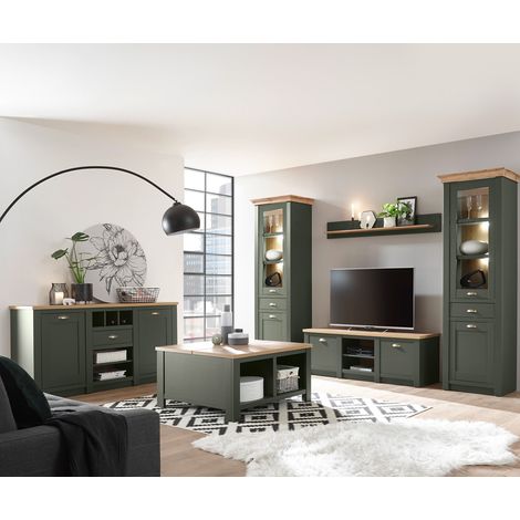 Landhaus Wohnwand Set mit Anrichte & Couchtisch CINCINNATI-61 in grün mit Wotan Eiche, mit Beleuchtung, B/H/T: 328/207/45cm (1/5)