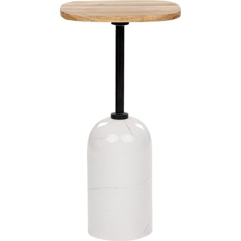 Tavolino moderno rotondo a forma geometrica piano in legno di acacia chiaro base in metallo effetto marmo bianco Oasis