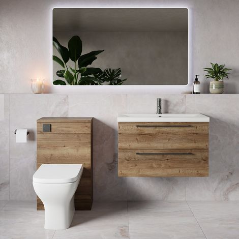 Napoli 390 Tobacco Oak 1300mm Wall Mounted 2 Drawer Vanity Unit and Toilet Suite with Glide Basin - 1300mm - Gunmetal Grey 480mm HandleWith Kingston Toilet Pan and Seat