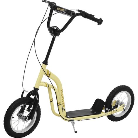 Trottinette enfant, avec guidon réglable, grandes roues et frein à main, trottinette urbaine 12 pouces pour garçons et filles à partir de 5 ans, jusqu'à 100 kg, en métal, beige (1/5)