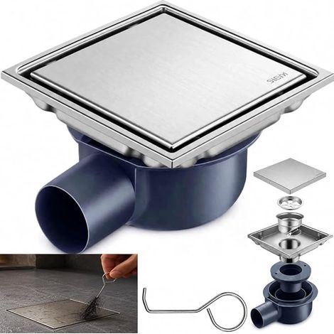 Caniveau de Douche Carré en Acier Inoxydable avec Siphon à 360° Anti-Odeurs, 2 en 1 Caniveau de Douche à Carreler, 15 x 15 Cm Drain de Sol pour Salles de Bains (Modèle 1) (1/4)