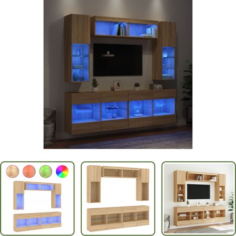 LED-Leuchten - 6-tlg. TV-Wohnwand mit LED-Leuchten Sonoma-Eiche (1/5)